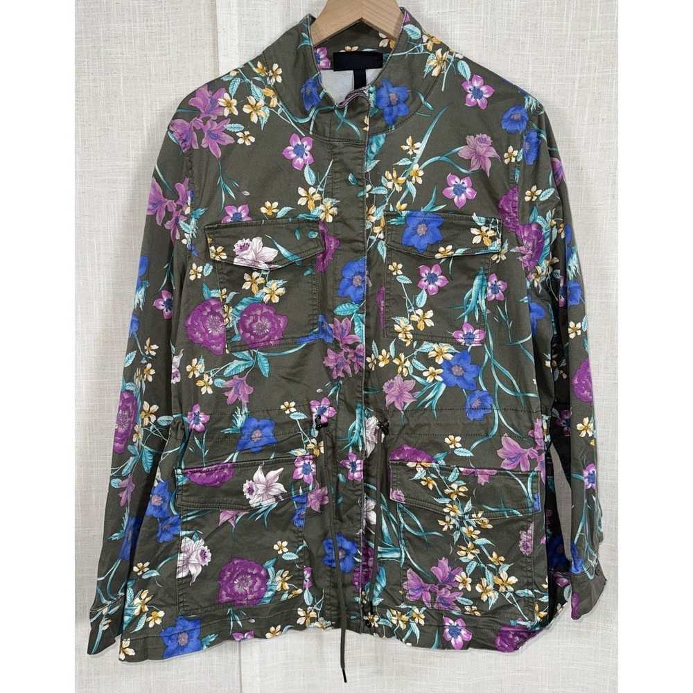 Lane Bryant Woman's 18 20 Denim Jacket Floral Green Utility Zip Coat Pockets